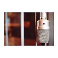 a microphone is sitting on a table in front of a window